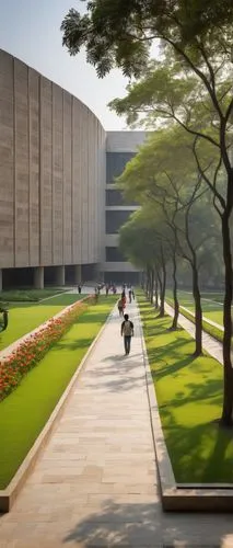 IIT campus, modern architecture, grand entrance, stone walls, large glass windows, sleek lines, minimalist design, Indian Institute of Technology, Delhi, sprawling green lawns, vibrant flower beds, ta