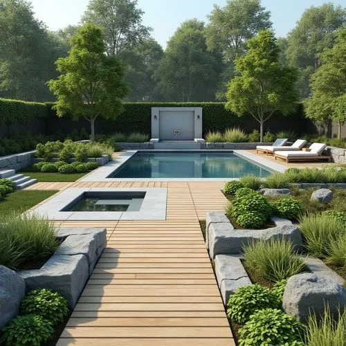 Landscape design for a garden with a wooden walkway, a swimming pool, a wall fountain, and trees. The design is 3D.


,the view of a backyard with a wooden walkway,landscape design sydney,landscape de