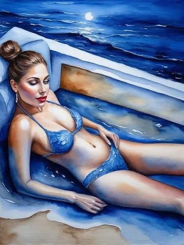 Moonlit Serenity by the Sea ,Passion Sexy Painting ,Naked Woman  Abstract Body Art Oil Painting
,girl on the boat,watercolor pin up,azzurra,nereid,azzurro,oil painting,oil painting on canvas,odalisque