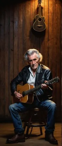 Older muscular man, Jebediah Christoff, solo, rugged beard, short grey hair, intense gaze, black leather jacket, white shirt, dark blue jeans, heavy boots, holding a guitar, sitting on a stool, dimly 