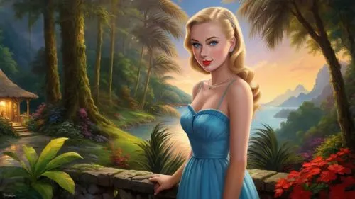 fantasy picture,tinkerbell,blue jasmine,world digital painting,girl in a long dress,blue hawaii,girl in the garden,elsa,fantasy art,mermaid background,janna,pin-up girl,landscape background,fairyland,mamie van doren,dorthy,cinderella,fairy tale character,garden of eden,the blonde in the river