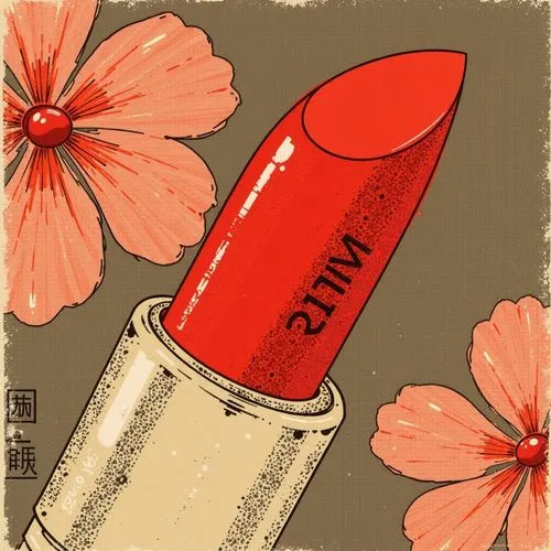 A close-up of a red lipstick with the brand "HERMÈS" imprinted on the side.,an asian style image of red lipstick and flowers,rimmel,revlon,lipsticks,lipstick,japanese floral background,rossetto,red li