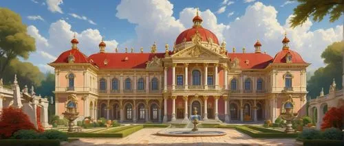 Baroque palace, 18th century Europe, grandiose entrance, ornate golden decorations, marble columns, intricate stone carvings, symmetrical facade, red roofing tiles, sprawling gardens, fountain, statue