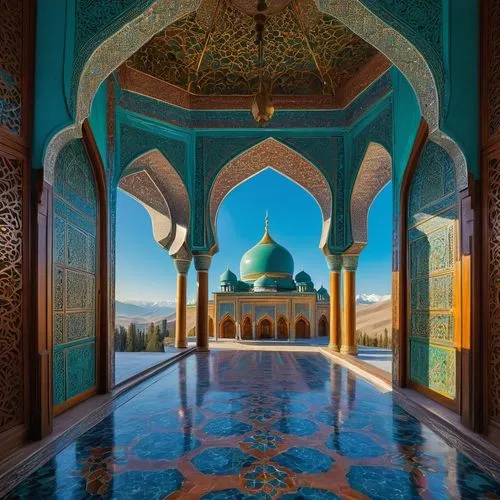 Traditional Kazakh architecture, grandiose mosque, intricate Islamic patterns, turquoise domes, golden minarets, majestic arches, ornate doors, vibrant tile work, bright colorful frescoes, intricate s