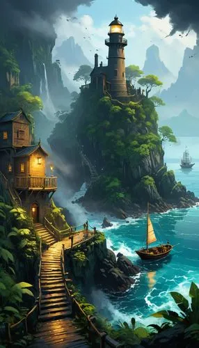 an island far away landscape,cliffside,fantasy landscape,isole,lighthouse,islet,lighthouses,world digital painting,coastal landscape,islands,sea landscape,cartoon video game background,fishing village,seahaven,landscape background,petit minou lighthouse,fantasy picture,seclude,archipelagos,background design,Conceptual Art,Oil color,Oil Color 09