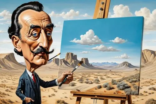 el salvador dali,dali,caricaturist,meticulous painting,italian painter,sand art,painter,painting technique,art painting,art dealer,surrealism,caricature,painting,photo painting,artist brush,walt disney,easel,illustrator,world digital painting,desert background,Illustration,Abstract Fantasy,Abstract Fantasy 23