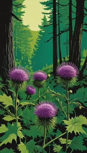 Create a mysterious story set in a hidden grove where globe thistles bloom.,card thistle,european marsh thistle,greater burdock,creeping thistle,sow thistles,purple coneflower,thistles,ball thistle,ec