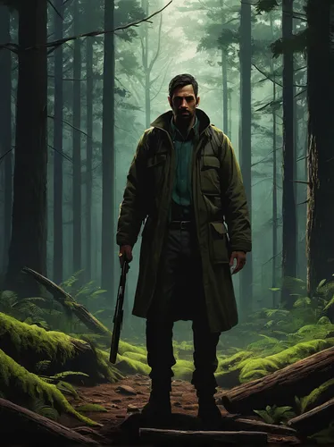 woodsman,farmer in the woods,trench coat,lando,the wanderer,green jacket,cg artwork,solo,robin hood,overcoat,forest man,concept art,lumberjack,parka,sci fiction illustration,chasseur,sniper,the stake,digital compositing,the woods,Conceptual Art,Fantasy,Fantasy 16