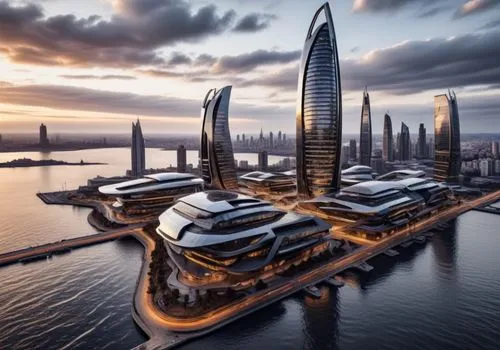 a futuristic city next to a body of water,futuristic architecture,dubay,dubia,largest hotel in dubai,guangzhou,mubadala,dubai,futuristic landscape,dubai marina,cyberport,united arab emirates,tallest h