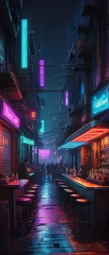 Neon-lit, futuristic chat bar, cyberpunk atmosphere, sleek metal countertops, holographic screens, neon signs, dimly lit, crowded, noisy, bustling with people, diverse characters, sci-fi outfits, leat