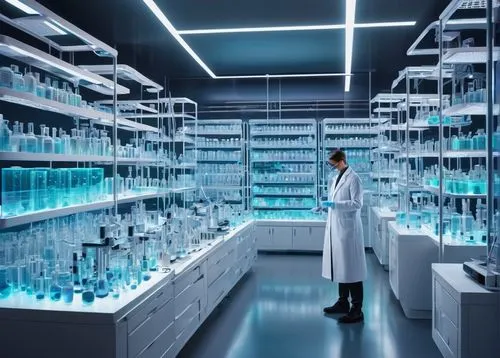 Futuristic laboratory, sleek metal shelves, rows of glass containers, DNA-inspired storage units, glowing blue neon lights, intricate circuitry patterns on walls, 3D holographic projections, scientist