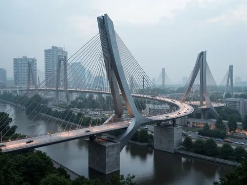 Futuristic vehicular bridge, experimental architecture, curved lines, dynamic shapes, metallic materials, LED lighting systems, misty atmospheric effects, urban cityscape, bustling traffic, modern sus