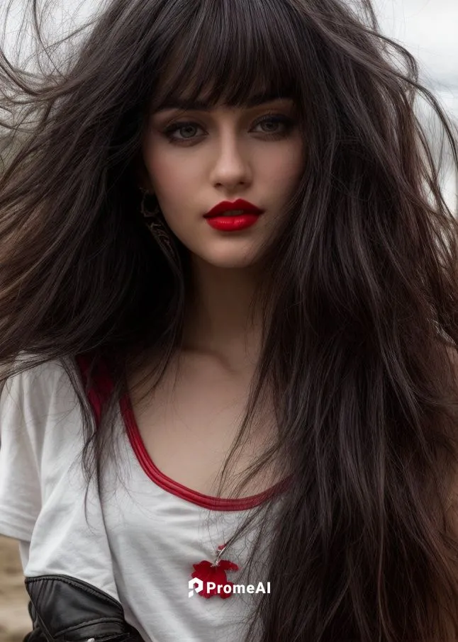 a portrait of half body of a beautiful caucasian girl 25 years old black hair red lips  in a stamping t shirt and a black leather jacket looking to camera in a beach of miami as background in 4k,artif