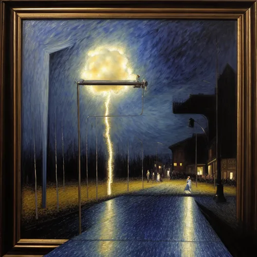 streetlight,street lamp,streetlamp,outdoor street light,iron street lamp,night scene,street lights,street light,gas lamp,street lamps,lamplighter,pedestrian lights,blue lamp,lamppost,lamp post,traffic lamp,night light,flood light bulbs,nightlight,guiding light,Calligraphy,Painting,Surrealism