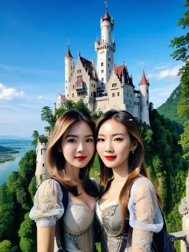 Asian tourist girls in front of Lichtenstein Castle.,two young women dressed in period dress are standing in front of a castle,neuschwanstein castle,neuschwanstein,fairy tale castle,chorene,yulan,said