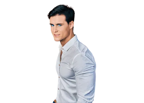 Male model, muscular physique, short black hair, strong facial features, blue eyes, subtle smile, white shirt, fitted jeans, leather belt, casual standing pose, relaxed hands in pockets, natural light