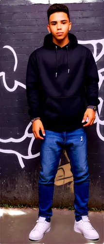 Young male rapper, gold chain, black hoodie, blue denim jeans, white sneakers, microphone in hand, confident pose, urban background, graffiti wall, evening atmosphere, warm lighting, shallow depth of 