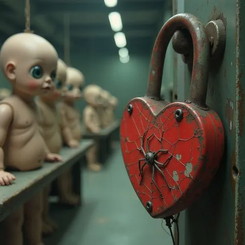 A red, heart-shaped padlock with signs of rust and spider webs, attached to a metal bar against a blurry background.,there are toys hanging on the shelf with a heart attached,primitive dolls,kewpie do