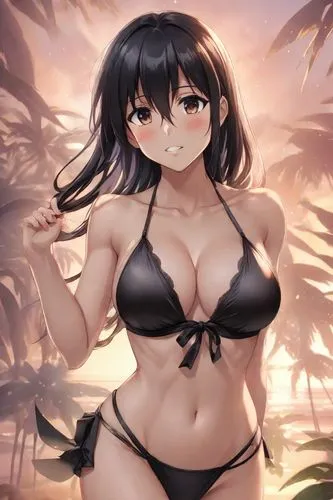 黑色比基尼，大胸，细腰，有腹肌,atago,tenryu,akeno,niijima,yamashiro,kitakami,yahagi,sekirei,beach background,forte,nowa,minakami,ashigara,summer background,maroma,fubuki,liliuokalani,mai,tamicha,misasagi,Digital Art