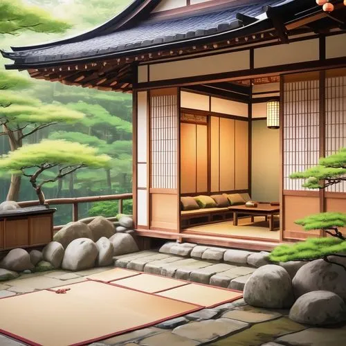 ryokan,japanese-style room,dojo,ryokans,onsen,teahouse,background with stones,honmaru,chanoyu,sakura background,tatami,tea ceremony,japanese sakura background,hakama,koyasan,shingen,japanese shrine,rakugo,teahouses,katsura,Illustration,Japanese style,Japanese Style 03