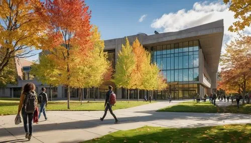 Washington State University, Pullman campus, modern academic building, brutalist architecture, angular concrete structure, large windows, glass facades, green roofs, mature trees surrounding, autumn f