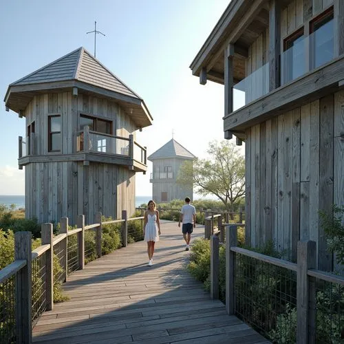 Weathered wooden towers, rustic nautical details, ocean-inspired color palette, soothing blues and whites, sandy neutrals, sea-salt sprays, driftwood accents, rope-wrapped railings, lantern-style ligh