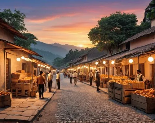 In the words "World's Speakeasy" - "Forest Community," the words below a group of cheerful villagers in hats and crates work diligently on a busy street corner, carrying goods arranged in uniform. The