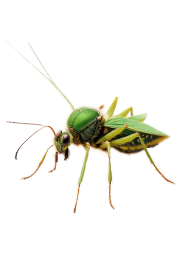 Cricket insect, green body, delicate wings, long antennae, tiny eyes, natural habitat, evening atmosphere, warm lighting, soft focus, shallow depth of field, realistic texture, detailed fur, gentle co