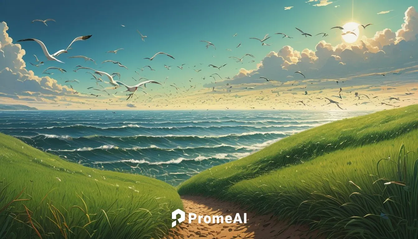 memzemerizing sea rushes in toward land as seagulls fly overhead and the first blades of grass riase up out of the earth to soak in the sunlight.,landscape background,nature background,windows wallpap