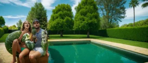 en un jardin muy verde ,con arboles y una piscina,landscape designers sydney,landscape design sydney,garden design sydney,outdoor pool,artificial grass,swimming pool,infinity swimming pool,pool,3d ren