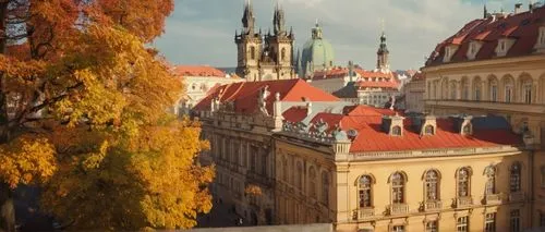 Historic Academy of Art, Architecture and Design, Prague, Baroque style building, grand entrance, ornate facade, intricate stone carvings, large windows, balconies with metal railings, red roof tiles,