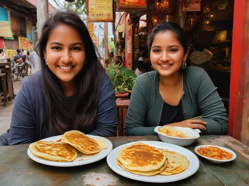 Write a happy dialogue between two friends enjoying pupusas at Pupuseria Lilian.,nepalese cuisine,neer dosa,roti prata,maharashtrian cuisine,paratha,dosa,kulcha,rajasthani cuisine,jaipur,south indian 