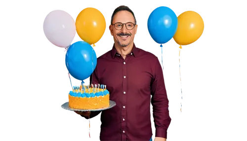 Mature man, smiling face, short brown hair, glasses, mustache, blue shirt, unbuttoned collar, happy birthday banner, colorful balloons, cake with candles, masculine hands holding gift, relaxed posture