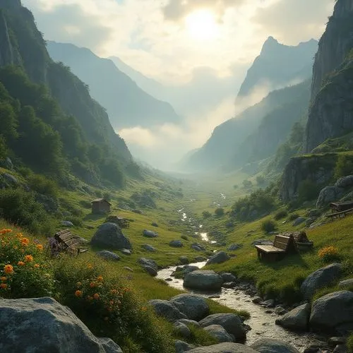 fantasy landscape,alpine landscape,valley,mountain landscape,mountain valleys,cryengine,salt meadow landscape,mountainous landscape,mountain valley,mountain meadow,mountain pasture,landscape background,oberland,mountain scene,mountain stream,hinterlands,bernese highlands,skyrim,meadow landscape,ithilien,Photography,General,Realistic