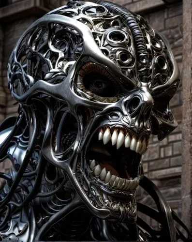 endoskeleton,giger,chitauri,skeletonized,ultron,quintessons,grillwork,panhead,scrap sculpture,avp,guyver,edentulous,skull sculpture,skriker,chrome steel,tufnel,nekron,vintage skeleton,maschera,xenomorph