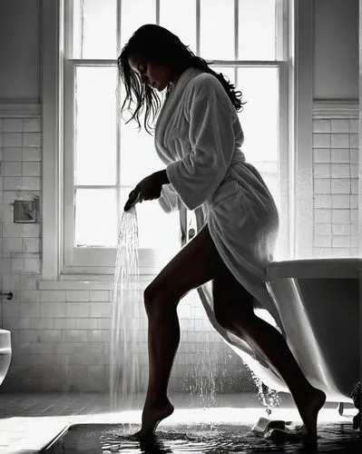 flashdance,bathrobe,witchblade,michonne,washerwoman,shower,cleaning woman,pantene,the girl in the bathtub,wet,showers,wet girl,taraji,shampooing,laundress,drenching,splash photography,shower of sparks,drenched,rotoscoping,Illustration,Black and White,Black and White 31