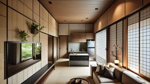 This design shows the living room and kitchenette in the spring Japanese style and Puli cultural spa suite. It is mainly based on ebony and milk tea tones, creating an elegant, deep and peaceful atmos