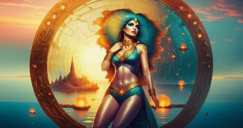 an illustration of a woman wearing a costume in front of a circle,amphitrite,magic mirror,inanna,mirror of souls,wadjet,fantasy art,Illustration,Realistic Fantasy,Realistic Fantasy 25