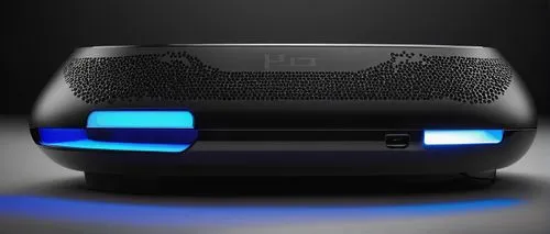 PS3 console, futuristic design, sleek curves, glowing blue LED lights, metallic surface, ventilation grills, compact shape, flat top, circular base, power button, disc drive, USB ports, HDMI port, Eth