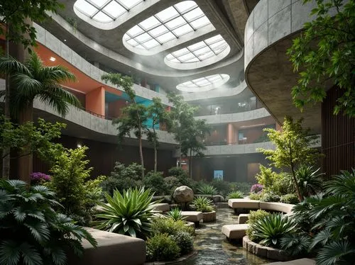 Lush tropical plants, misty atmosphere, natural stone walls, curved glass roofs, modern expressionist architecture, irregular shapes, bold colorful accents, organic forms, innovative ventilation syste