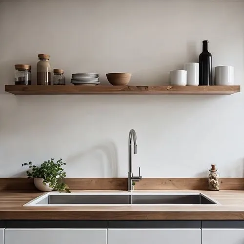 modern minimalist kitchen,wooden shelf,dish storage,countertop,scandinavian style,Photography,General,Realistic