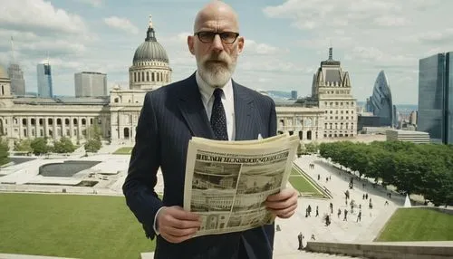 Famous architects, mature men, suits, glasses, bald heads, beards, serious facial expressions, holding blueprints, standing in front of iconic buildings, cityscape, skyscrapers, modern art museums, gr