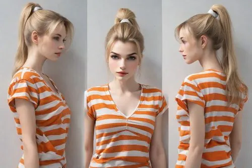 realdoll,carrot pattern,horizontal stripes,artificial hair integrations,pin stripe,carrot print,bodypaint,doll dress,hair ribbon,triplet lily,fashion dolls,designer dolls,pony tails,bodypainting,blond girl,dress doll,female doll,female model,body painting,striped background,Photography,Natural