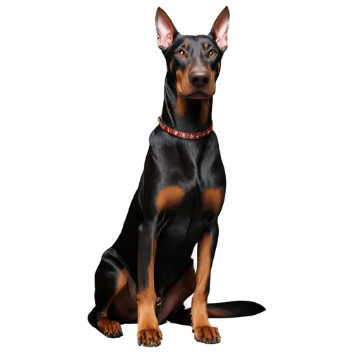 Doberman, dog, studio, video recording, dark background, spotlight on dog, muscular body, black coat, brown eyes, sharp teeth, sitting pose, front view, 3/4 composition, shallow depth of field, high c