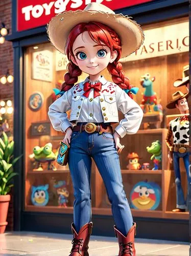 1girl, jessie from Toy Story, looking at viewer, big eyes, big smile, narrow hips, Pixar style, cowboy hat, red hair, braid, bow, belt, bootleg jeans, boots, masterpiece, 8k,toy's story,cowgirl,toy st