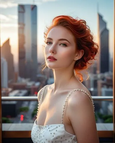 an artistic image of a beautiful young woman posing with her face close to the camera, in a city at sunset,triss,elizaveta,demelza,yelizaveta,redhair,red head,Photography,General,Realistic