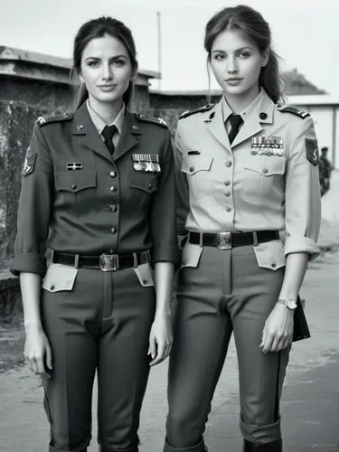 Black and white high resolution photography: The female soldiers walk side by side and appear relaxed, despite being in a military environment. They exchange warm smiles, showing their close friendshi