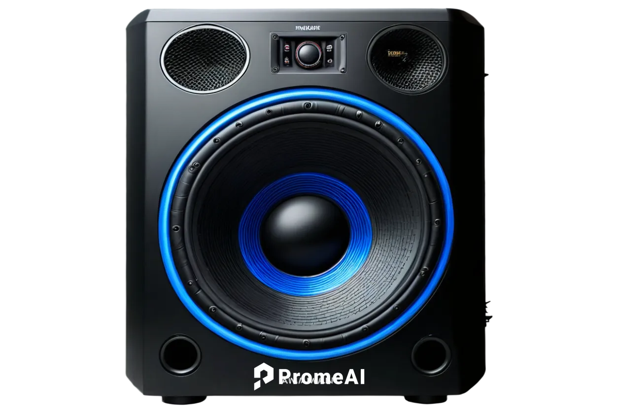 Dynamic loudspeaker, sleek black body, metallic grille, flashing blue LED lights, powerful amplifier, massive subwoofer, intense bass vibration, explosive sound waves, dramatic smoke effect, low-angle