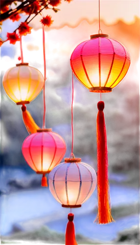 Wish lanterns, soft glowing light, gentle smoke, delicate silk threads, intricate designs, colorful tassels, floating in air, romantic atmosphere, warm sunset lighting, 3/4 composition, shallow depth 