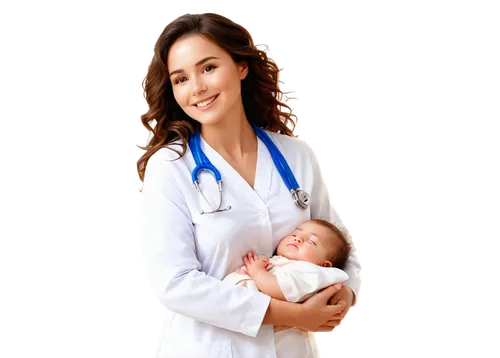 Caring woman, gentle facial expression, soft smile, warm eyes, long curly brown hair, minimal makeup, white nurse uniform, stethoscope around neck, holding a baby, cradling arms, tender touch, soft fo